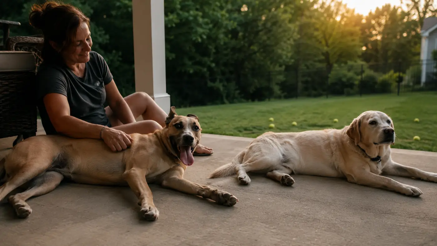 Two dogs of different ages resting calmly on a porch after a fetch session, tennis balls scattered on the grass nearby