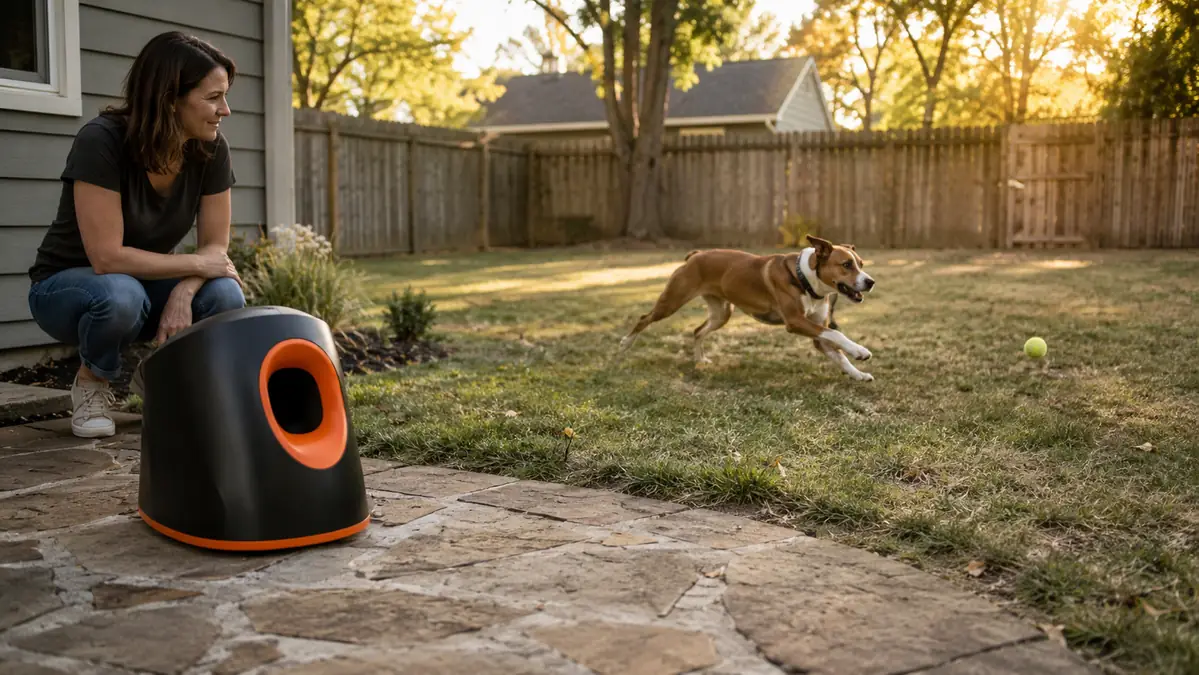 High-energy medium-sized dog sprinting across a backyard lawn chasing a small tennis ball launched from an automatic ball launcher on the patio