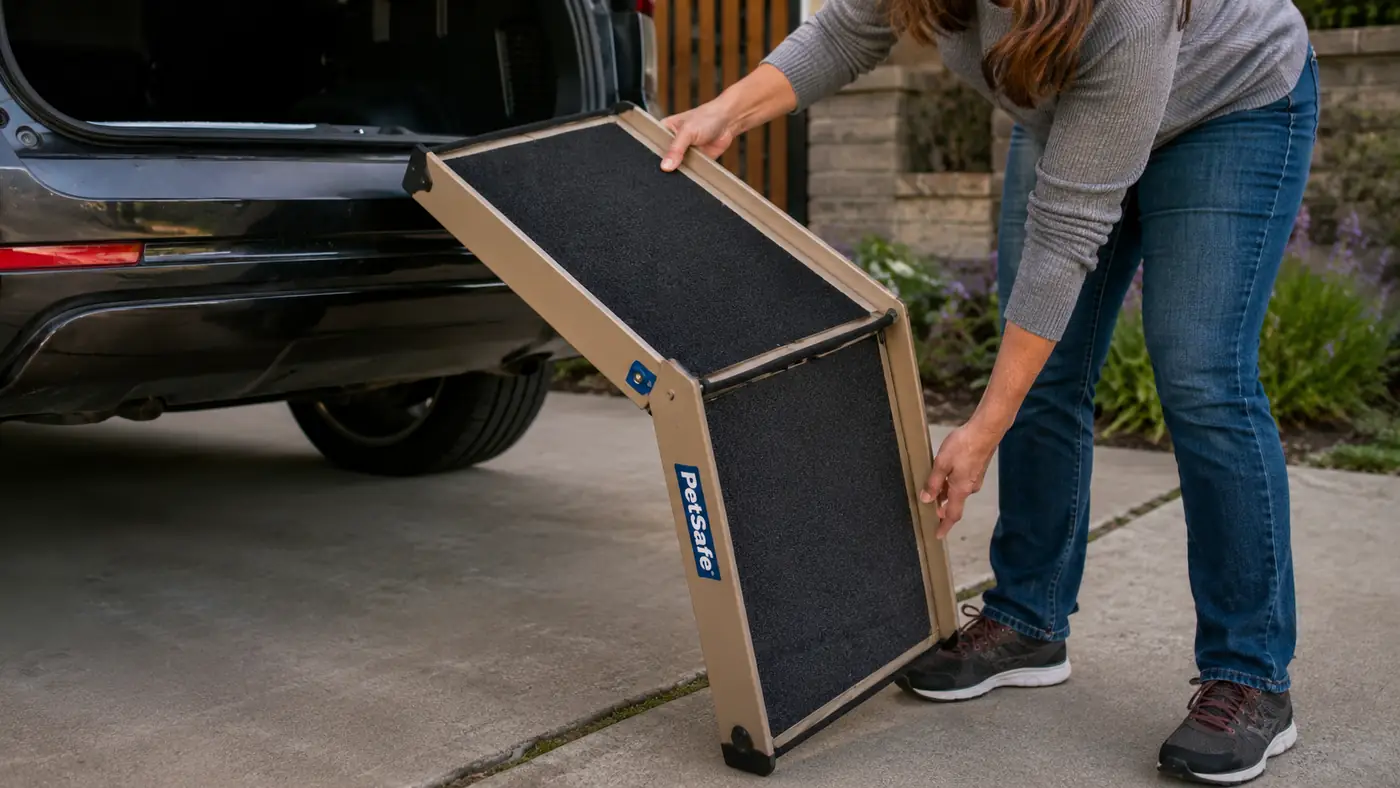 Hand unfolding a PetSafe dog ramp against the rear bumper of an SUV, showing the textured non-slip surface