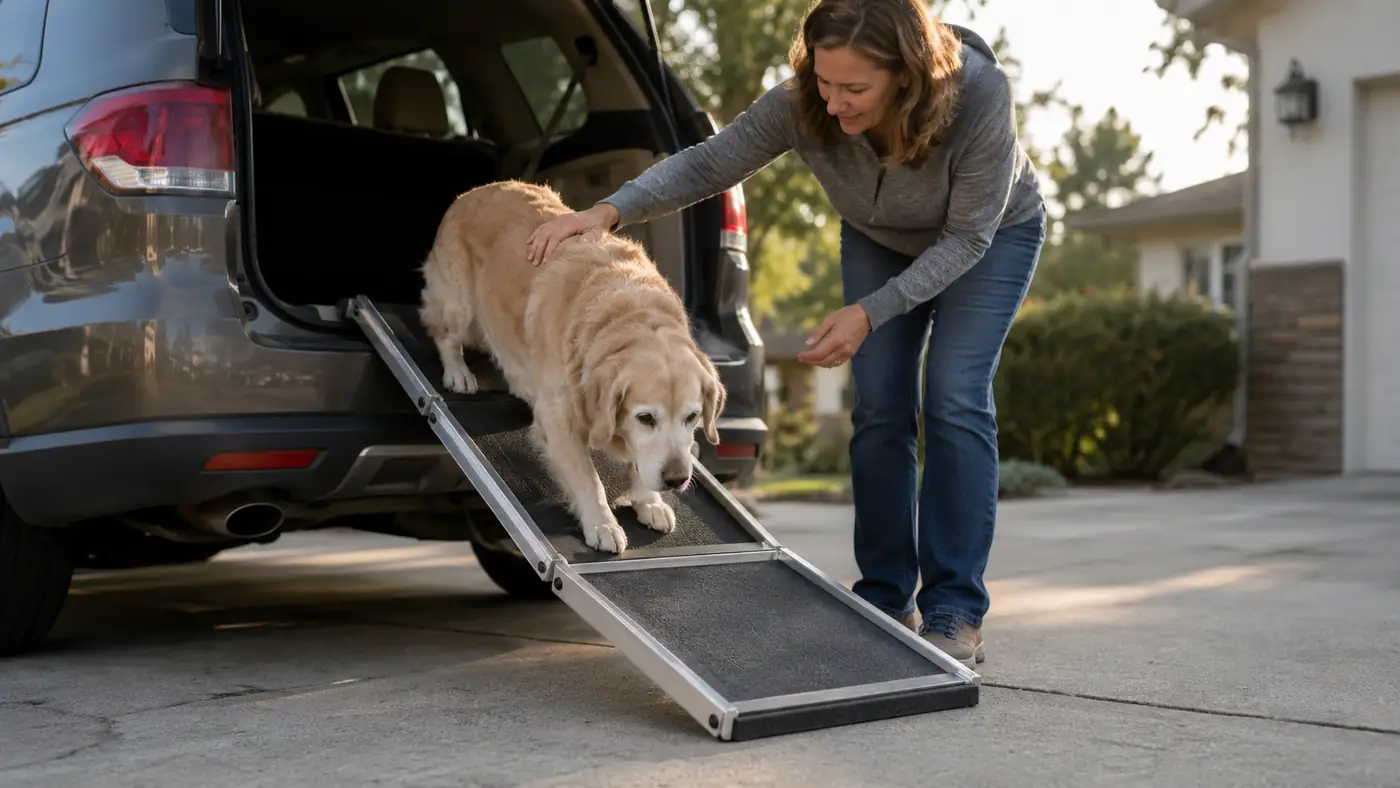 Senior yellow Labrador using a folding dog ramp to walk down safely from an open SUV trunk in a driveway