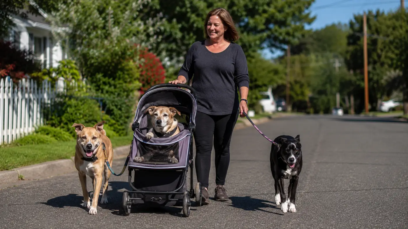 Woman pushing a pet stroller with one senior dog while two younger dogs walk on leash beside her on a sidewalk
