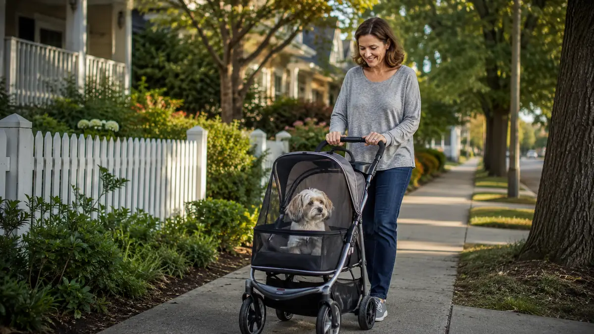 Woman pushing a senior dog in a three-wheel pet stroller down a tree-lined neighborhood street in soft morning light