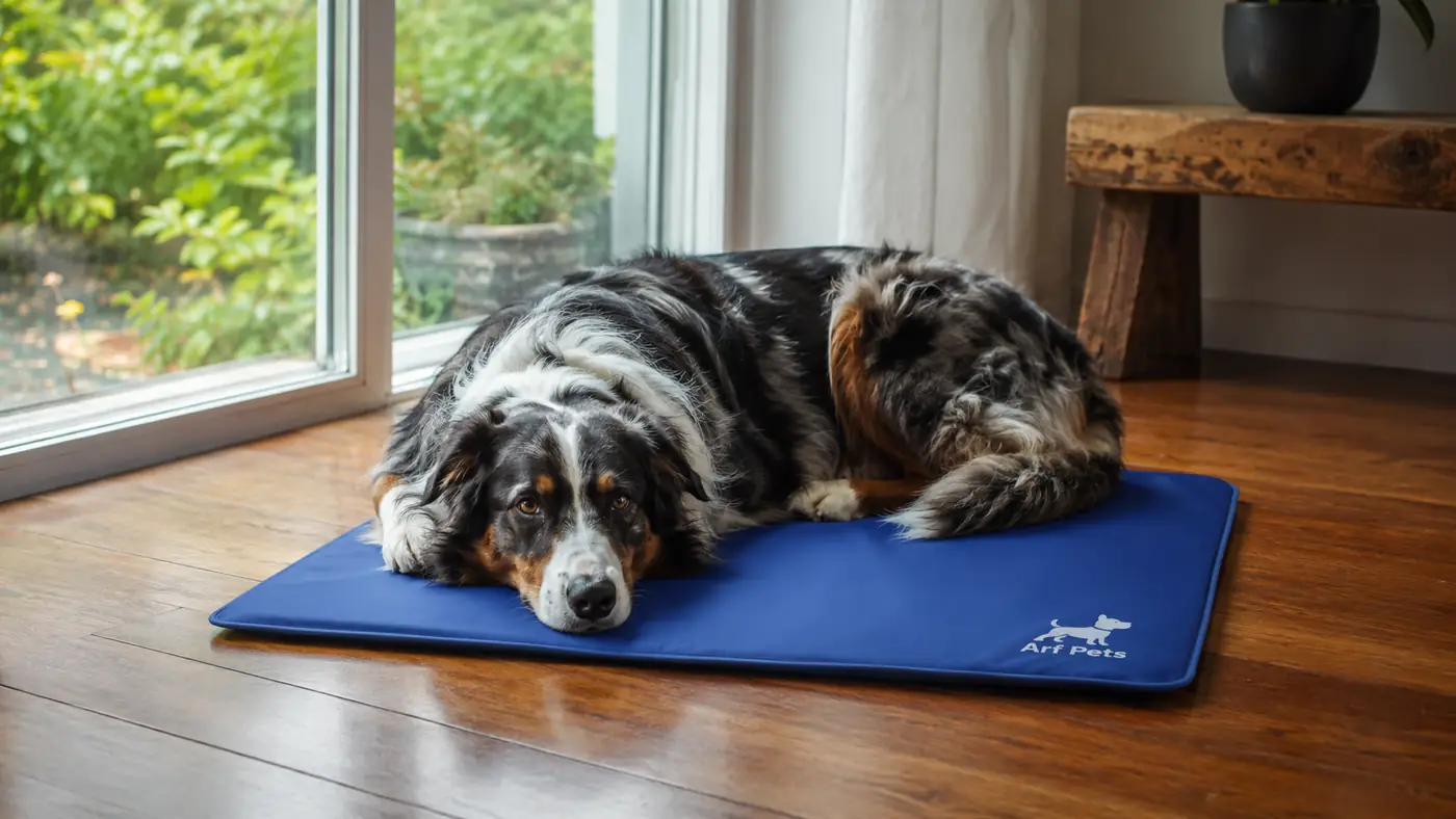 Dog lying on a gel cooling mat in a living room
