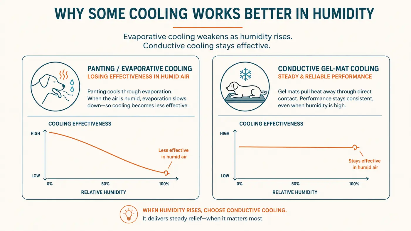 Diagram comparing panting versus a gel cooling mat for lowering a dog's body heat