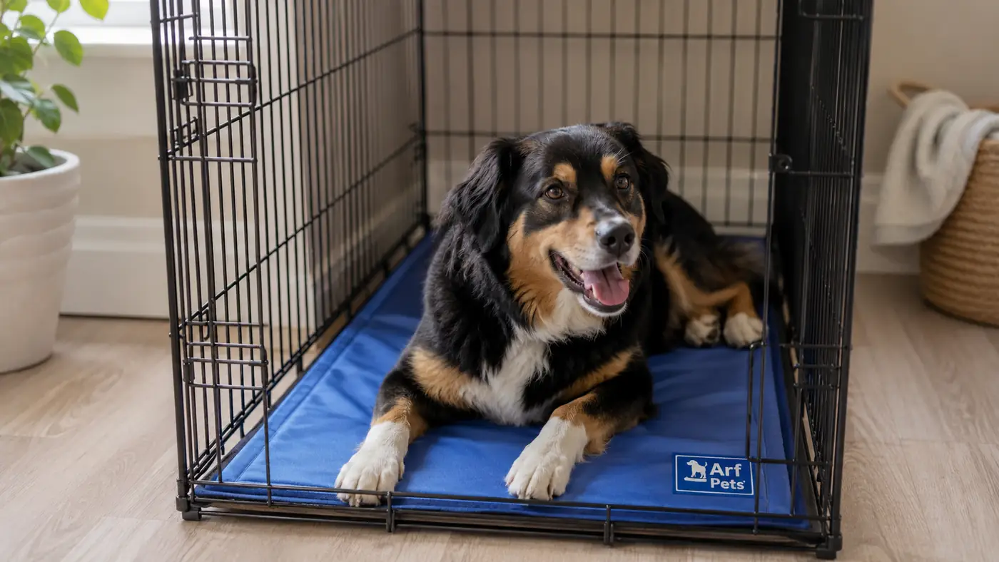 Cooling mat lining the floor of a wire dog crate