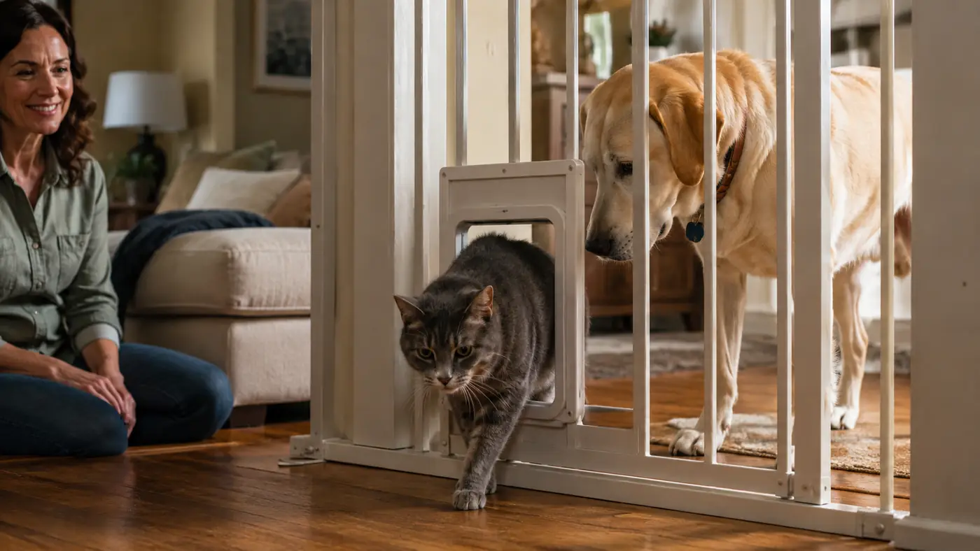 A senior cat squeezing through the small pet door cut into the bottom of a wide dog gate