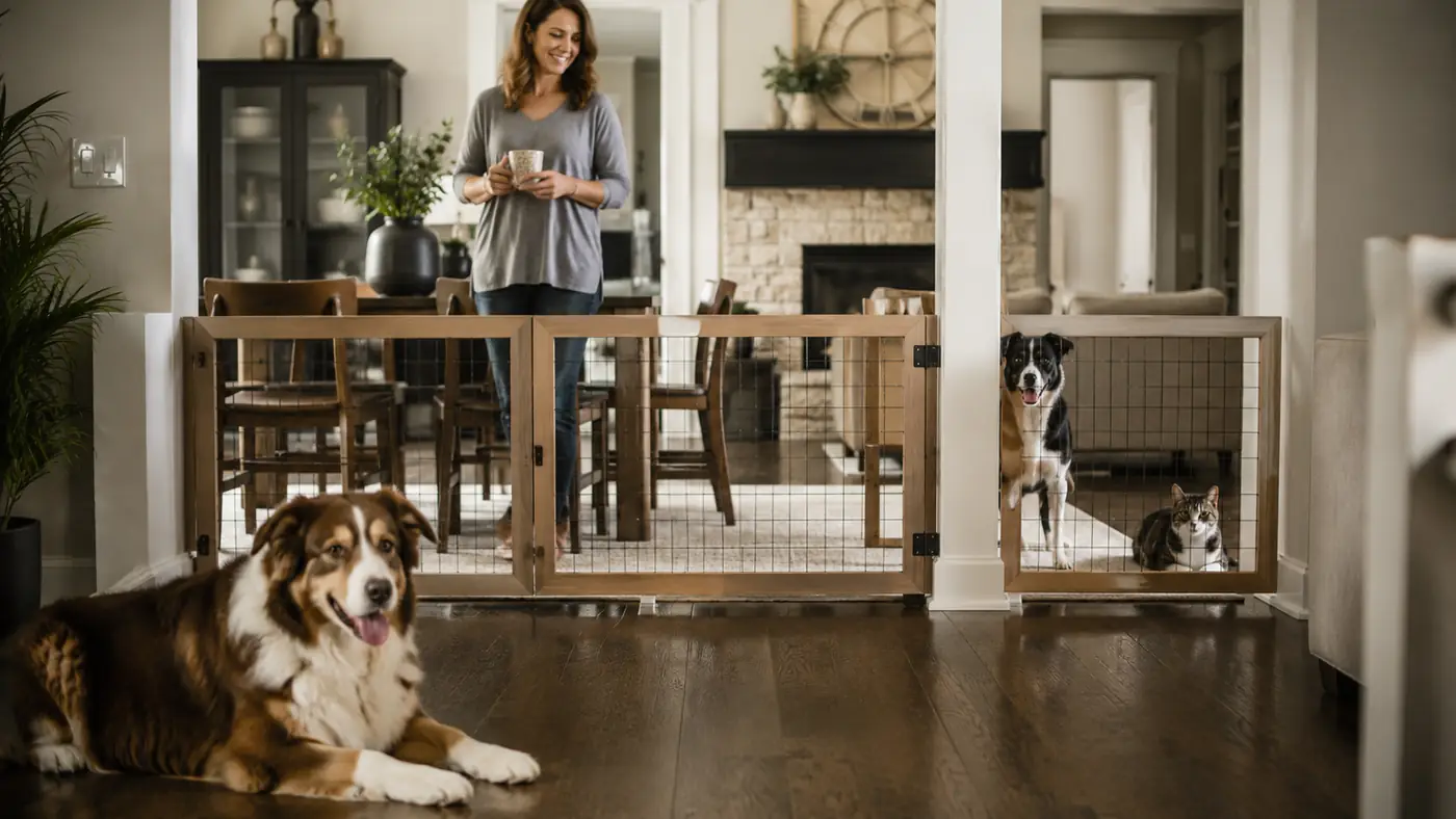 A wide dog gate installed in an open-concept doorway between a kitchen and living room