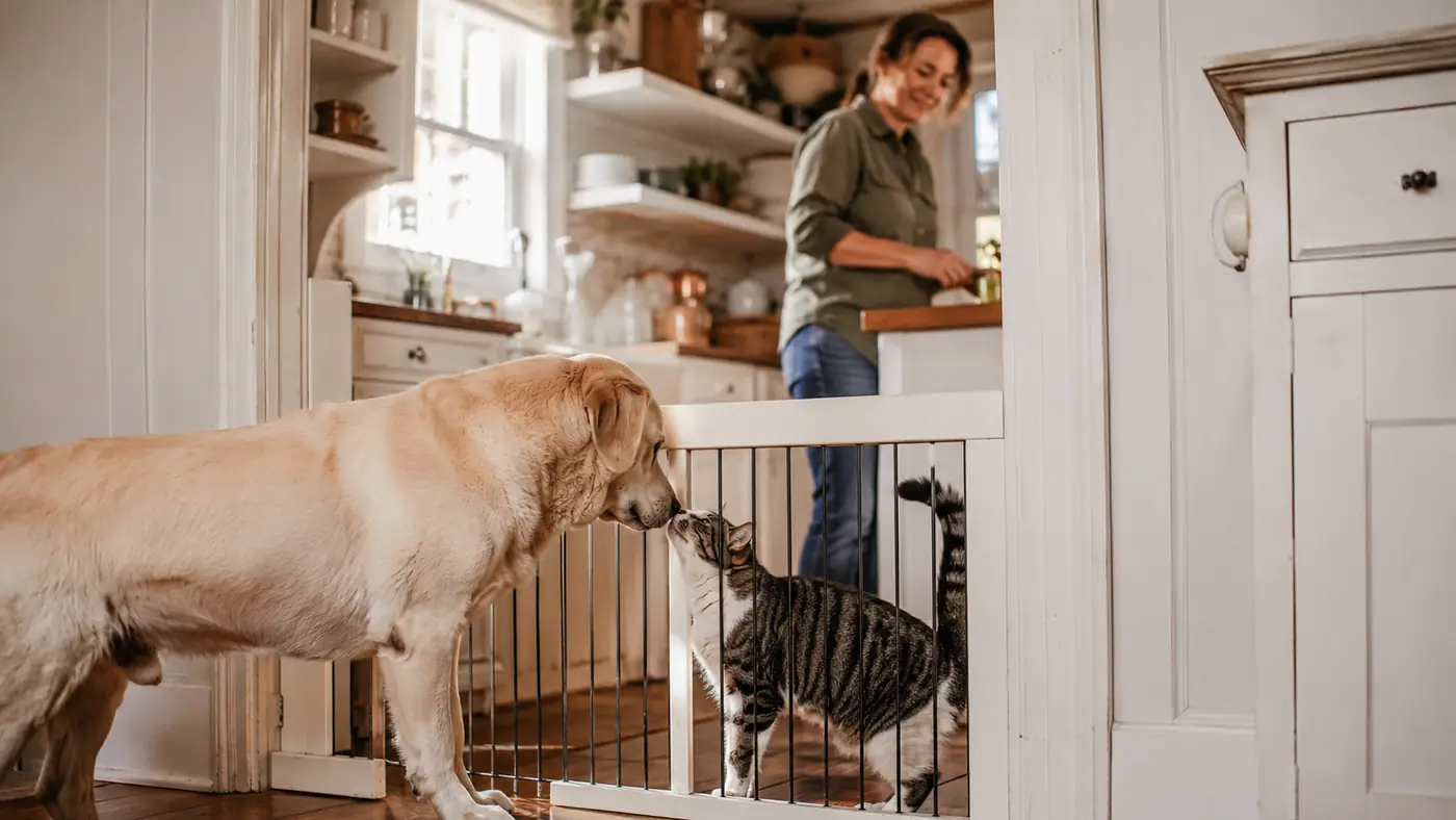 A tan and white dog looking through a wooden walk-through pet gate into a sunlit kitchen