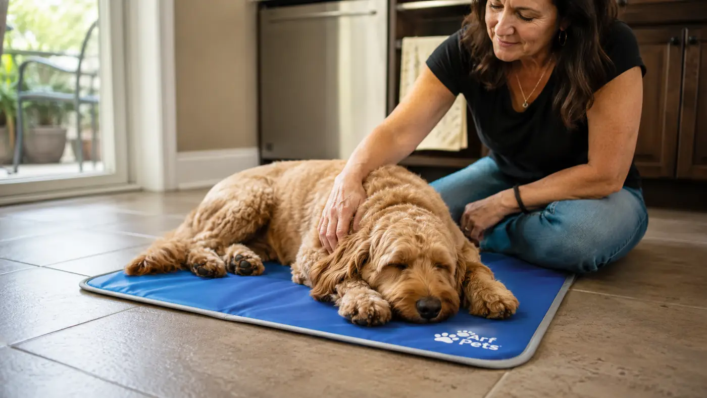 Dog stretched out on a gray gel cooling mat on a kitchen floor