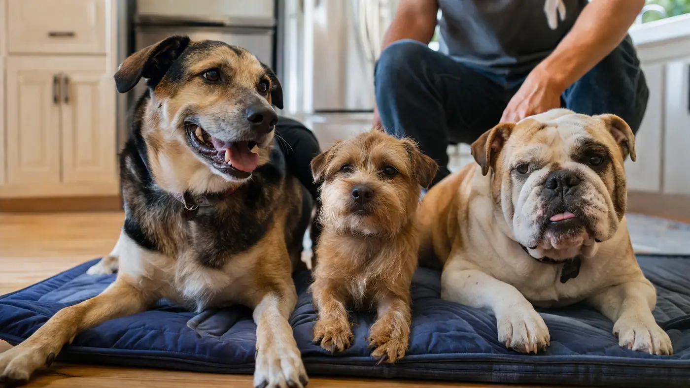 Three dogs of different sizes crowding around one cooling mat on a tile floor