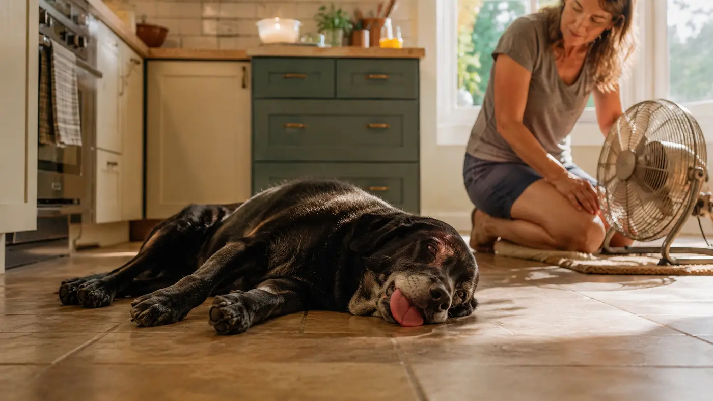 Senior yellow Lab mix panting on a kitchen tile floor during a summer heat wave
