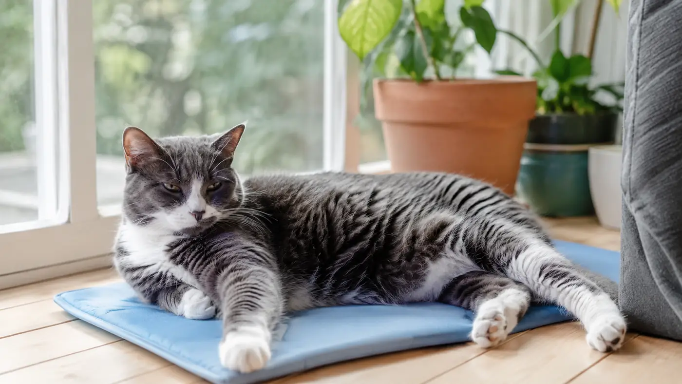 Senior cat lying on a small gel cooling mat in a sunny window nook