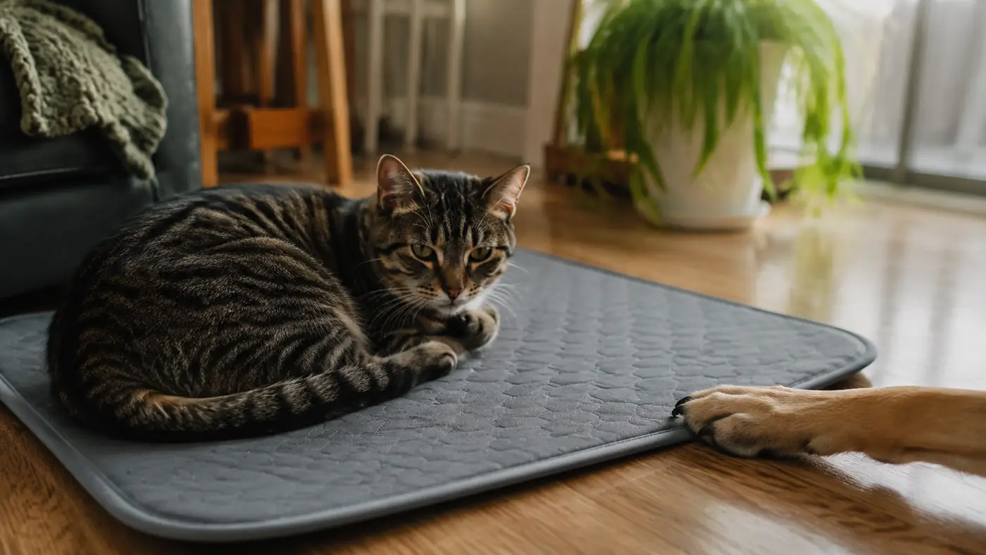 A senior cat and a dog's paw both resting near the edge of a gray gel cooling mat on a sunlit floor