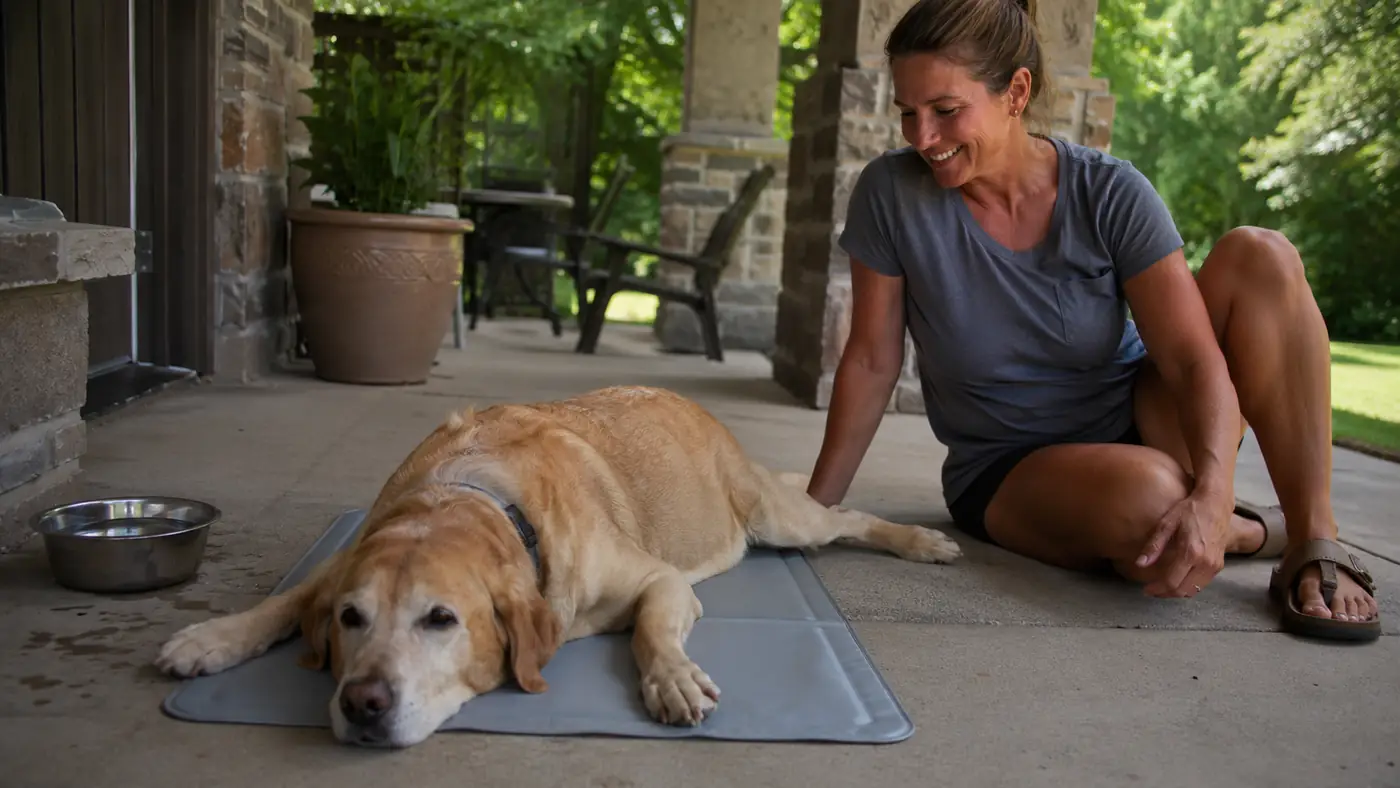 Senior yellow Lab mix lying on a gel cooling mat in the shade of a porch on a bright summer afternoon