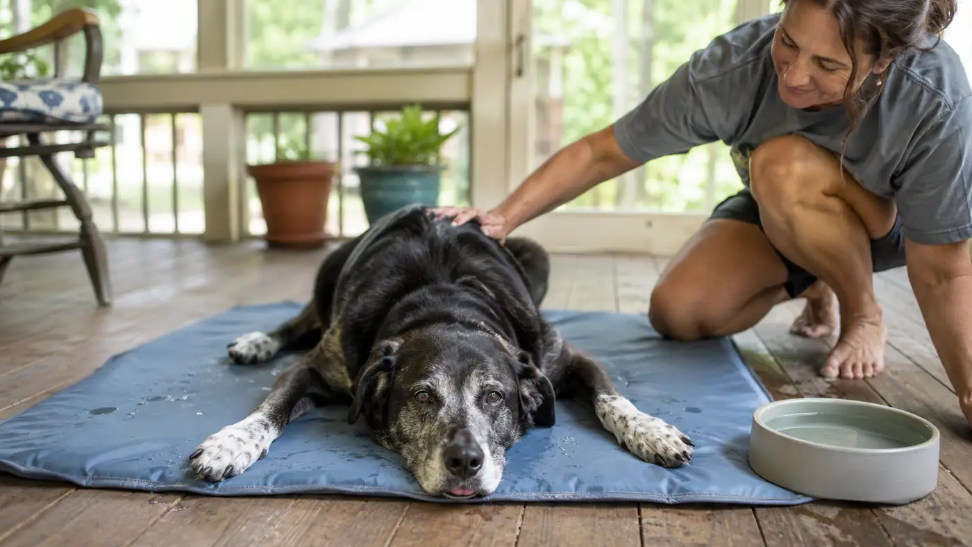 A senior Labrador mix lying stretched out on a gel cooling mat in a shaded porch corner on a hot afternoon