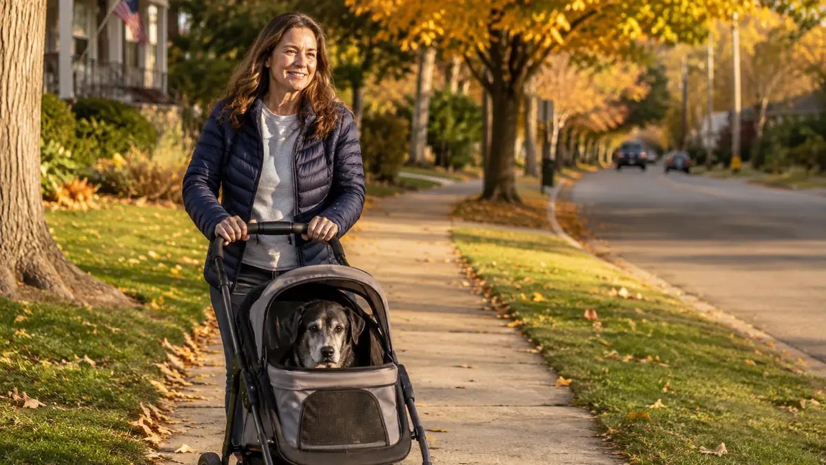 A woman pushing a senior Lab mix in a three-wheel pet stroller down a quiet Ohio sidewalk in early morning light