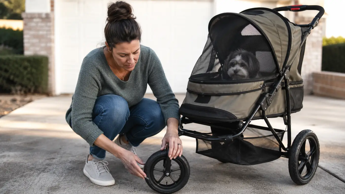 Woman crouched beside a gray 3-wheel pet stroller on a driveway, inspecting the front wheel before a walk