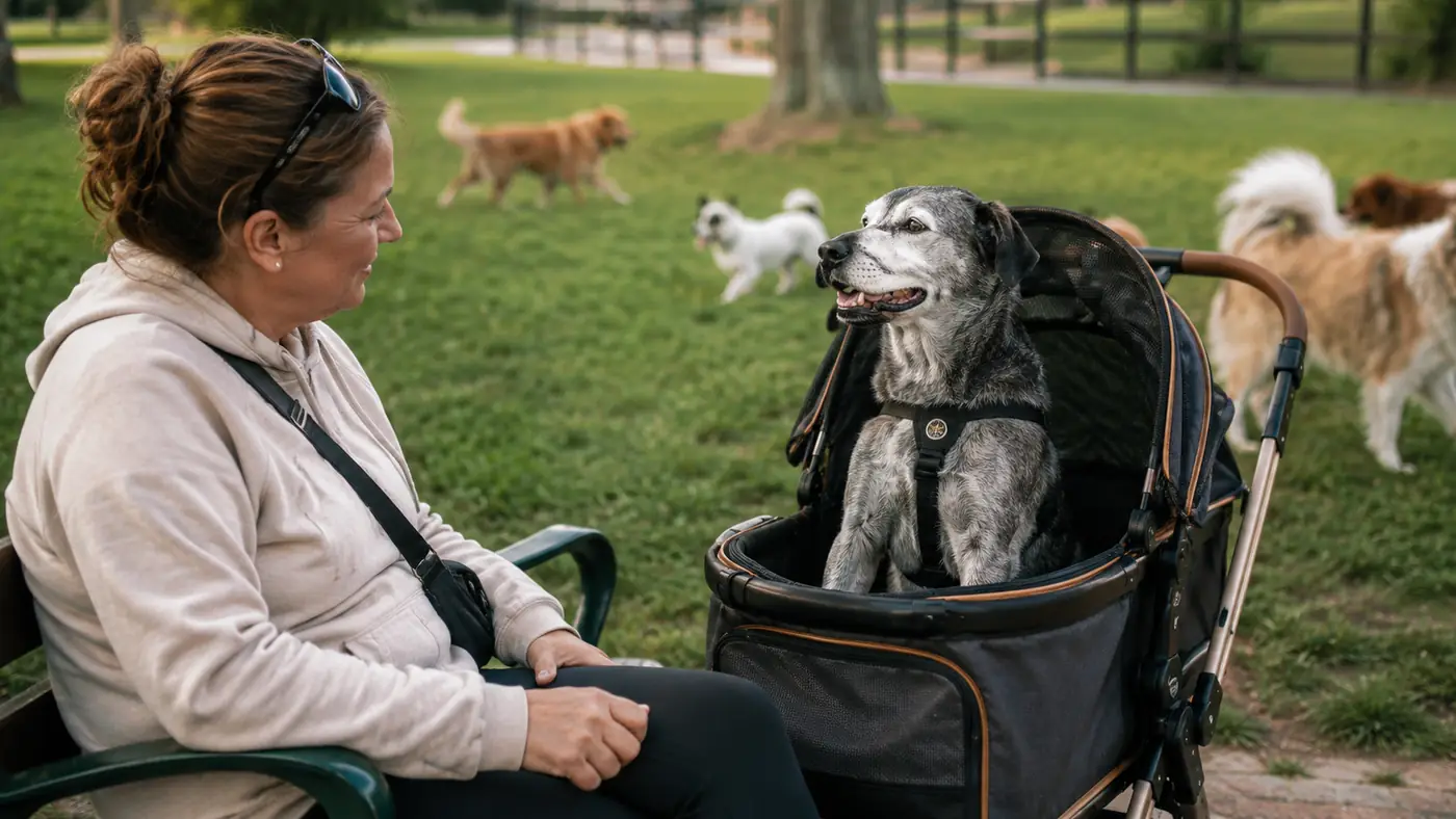 Owner and senior dog in the stroller stopped at a park bench, dog looking out at other dogs playing