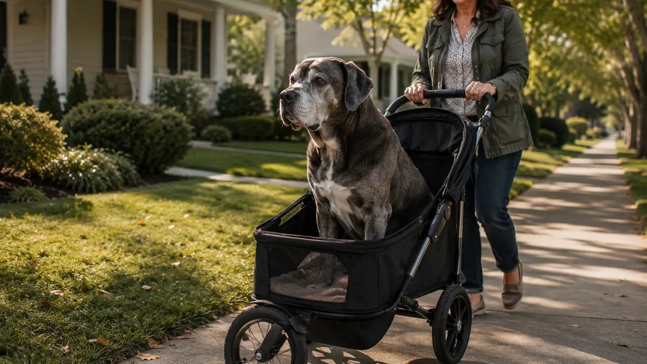 Senior yellow Lab mix riding in a gray 3-wheel pet stroller on a neighborhood sidewalk in early morning light