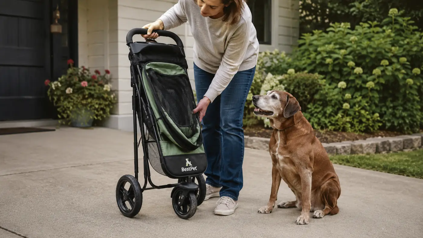Hand folding the BestPet stroller down with one motion next to a small dog waiting on the sidewalk
