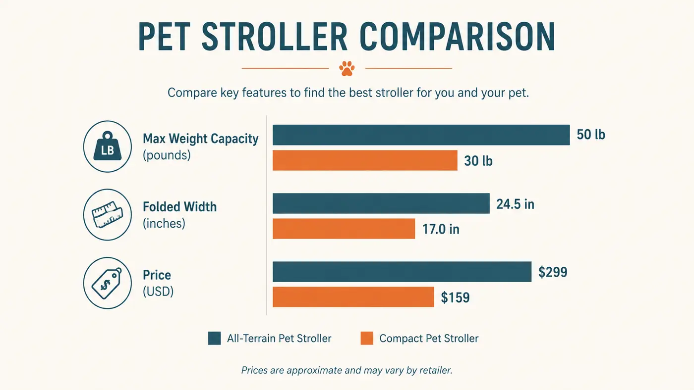 Chart comparing weight capacity, folded size, and price between the BestPet stroller and a dedicated jogging pet stroller