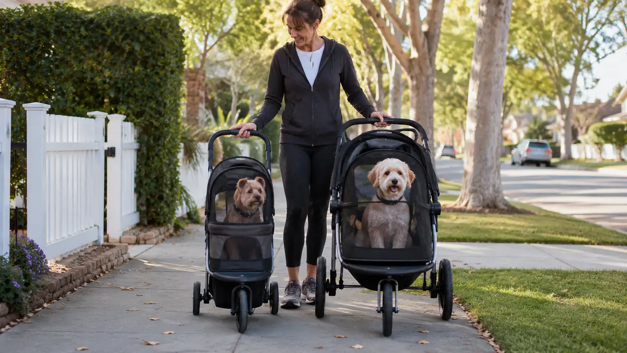 Two pet strollers parked side by side on a sidewalk, one a compact lightweight mesh stroller and one a larger jogging stroller with big air-filled tires