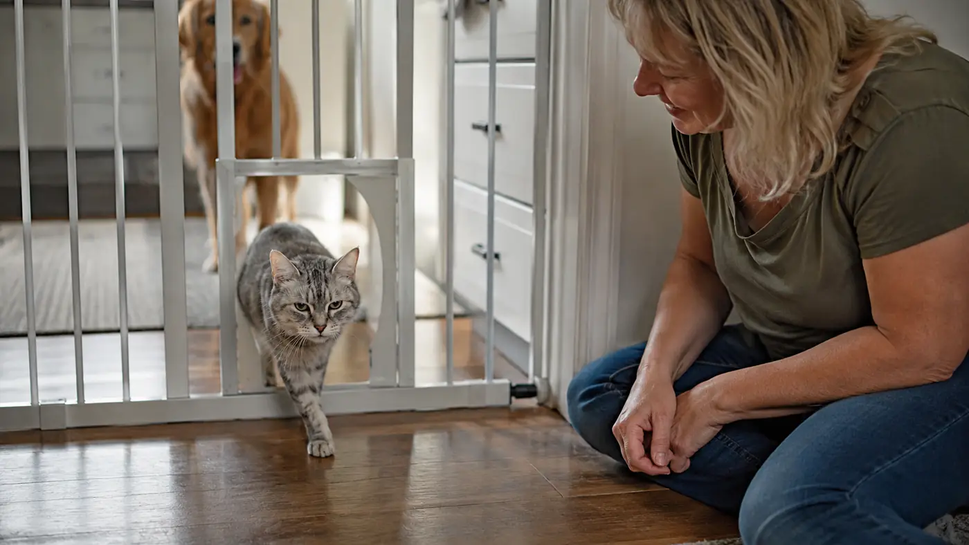 Senior gray cat squeezing through a small pet door built into the bottom of a taller gate