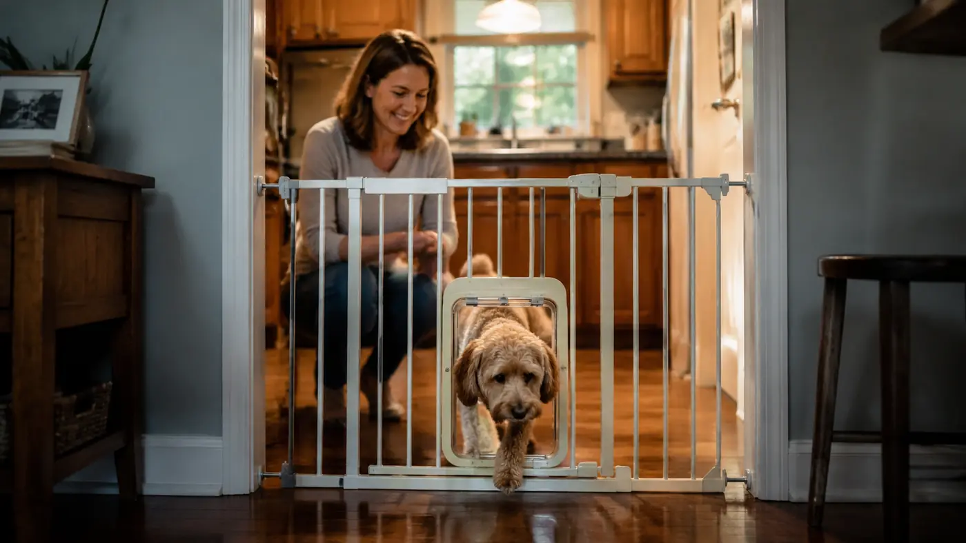 Wide-mounted pet gate installed in a kitchen doorway with a small dog door cut into the bottom panel