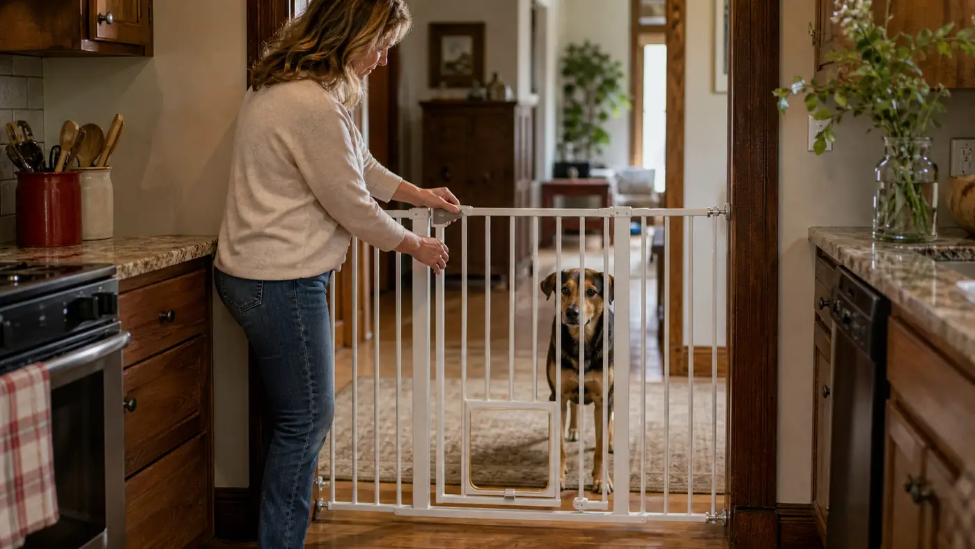 Hand pushing open the swinging walk-through door of a pressure mounted pet gate while a medium-sized dog waits nearby