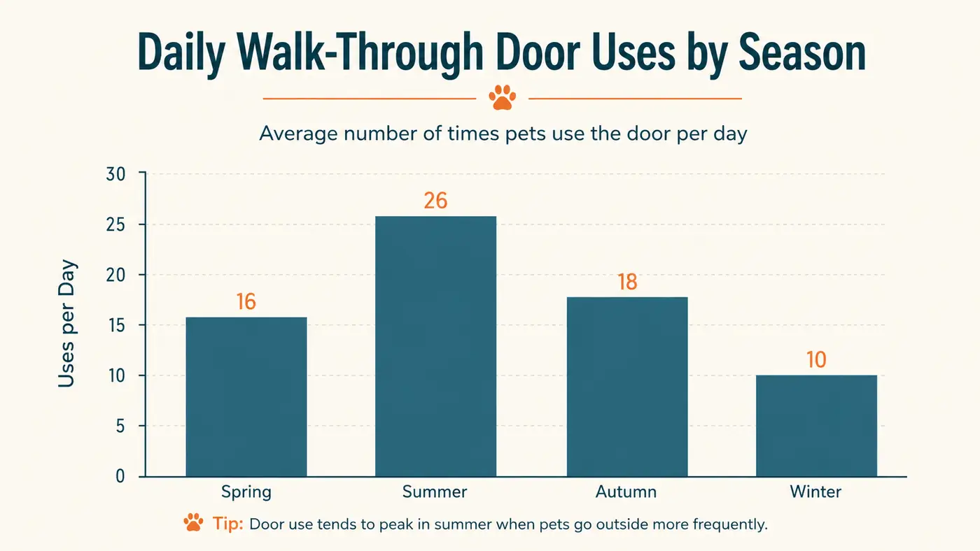 Simple bar chart comparing how many times per day the gate's walk-through door was used across four seasons of a one-year test