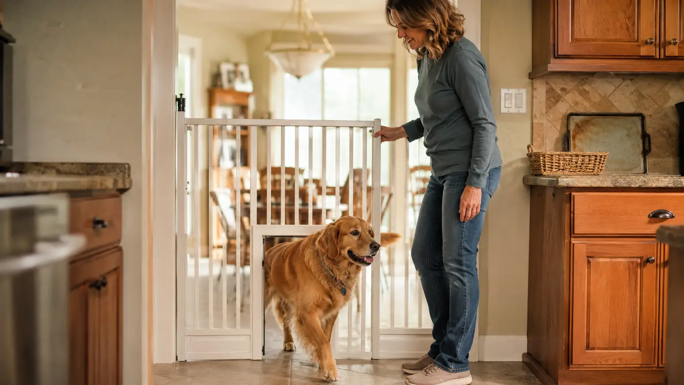 Tan walk-through pet gate mounted in a kitchen doorway with a small dog door cut into the bottom panel, warm morning light in a Midwest kitchen