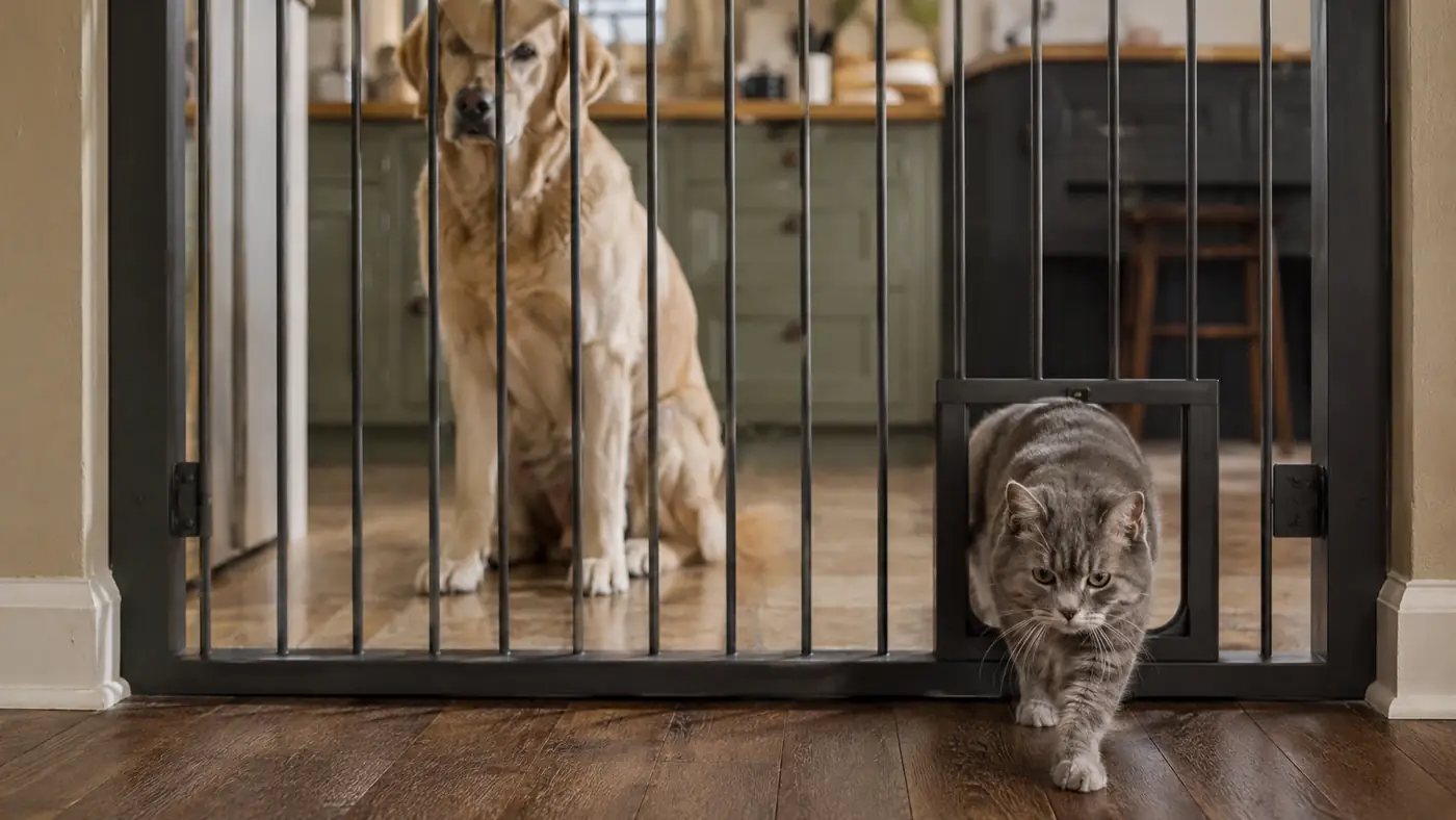 Small cat walking through the little pet door cut into the bottom of a wide steel dog gate while a large dog stays behind it