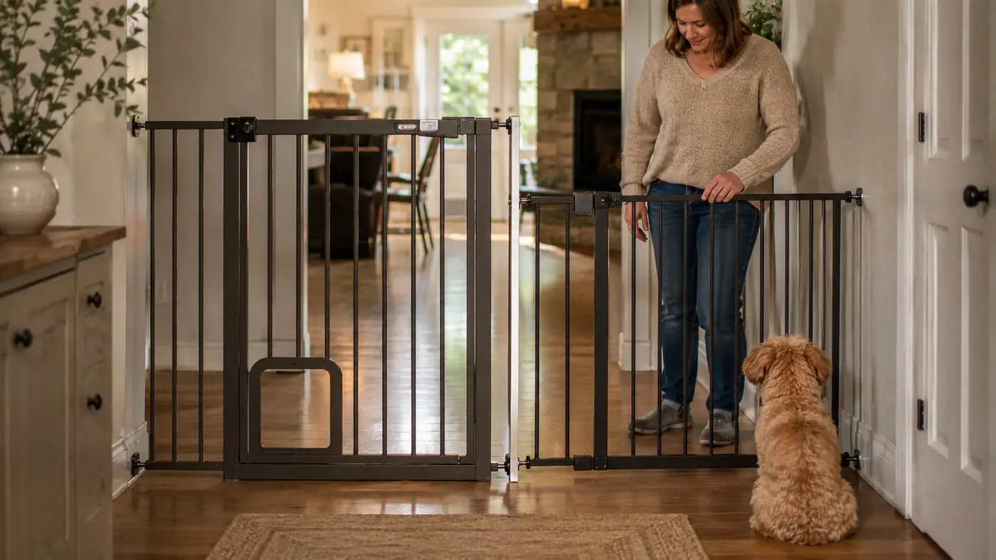 Two dog gates mounted side by side in a hallway, one an extra wide walk-through gate with a small pet door and one a narrow standard pressure-mount gate