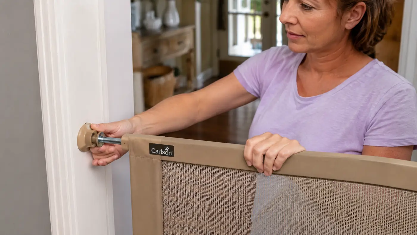 Hand pressing down on a pressure mounted gate's tension bar to test stability against a door frame