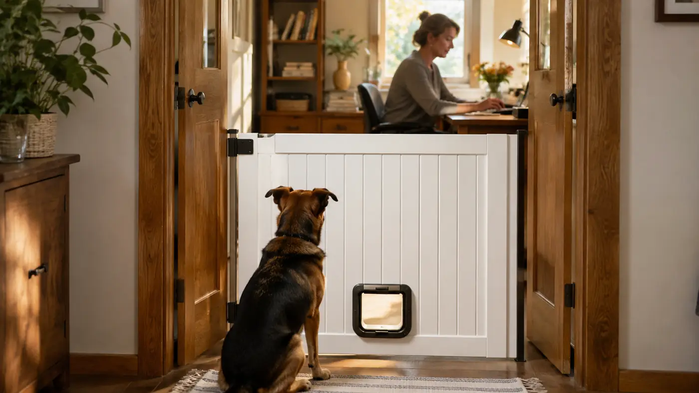 Tan walk-through pet gate mounted across a home office doorway with a dog sitting just outside it in a hallway