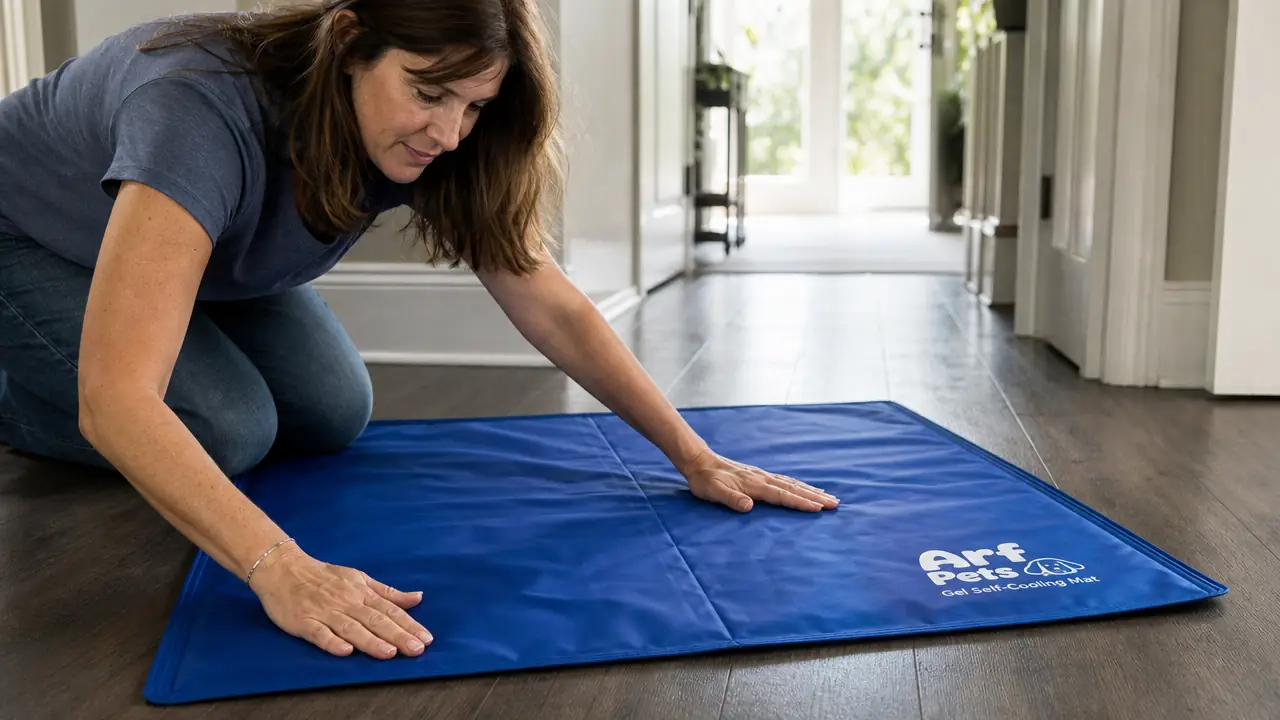 Hand unrolling and pressing down on the surface of a gel cooling mat on a hallway floor to activate it