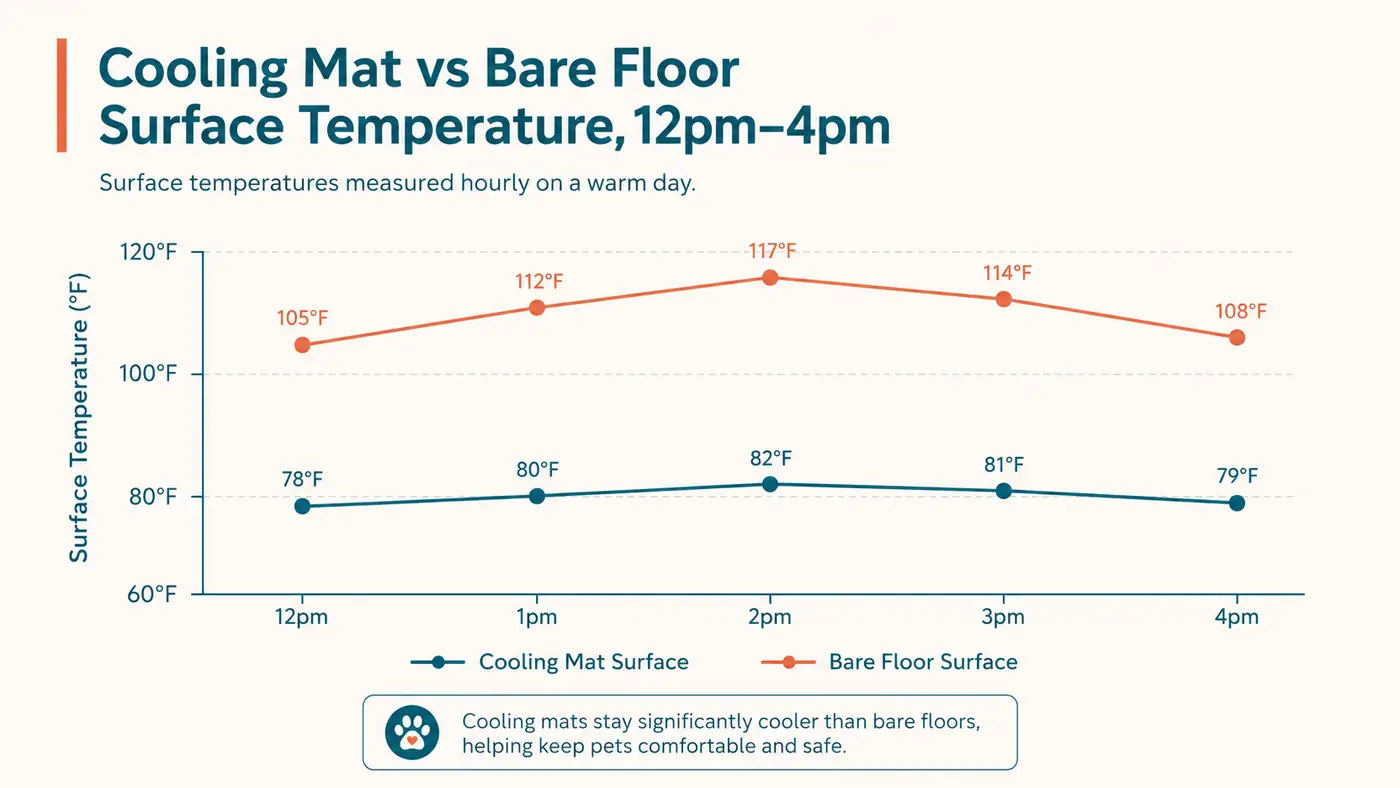 Line chart comparing surface temperature of a gel cooling mat against bare floor tile over a four-hour summer afternoon