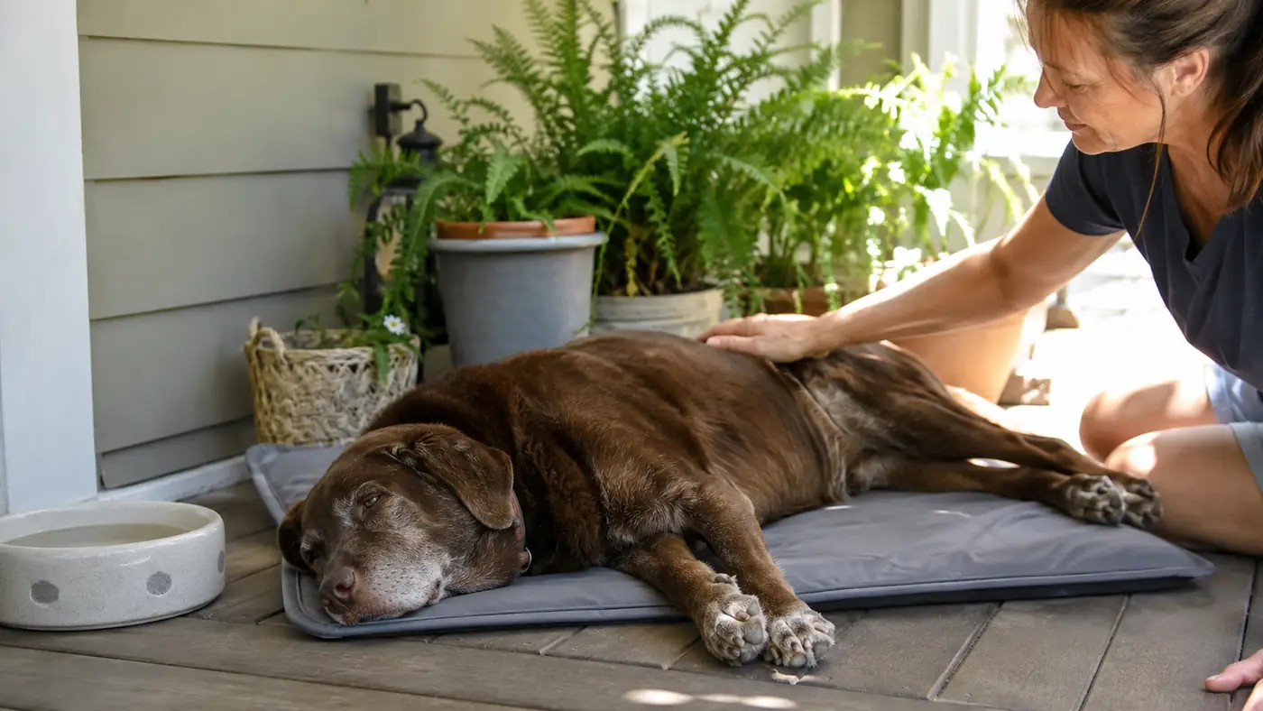 Senior yellow Lab mix lying flat on a gray gel cooling mat in a shaded spot on a hot summer afternoon