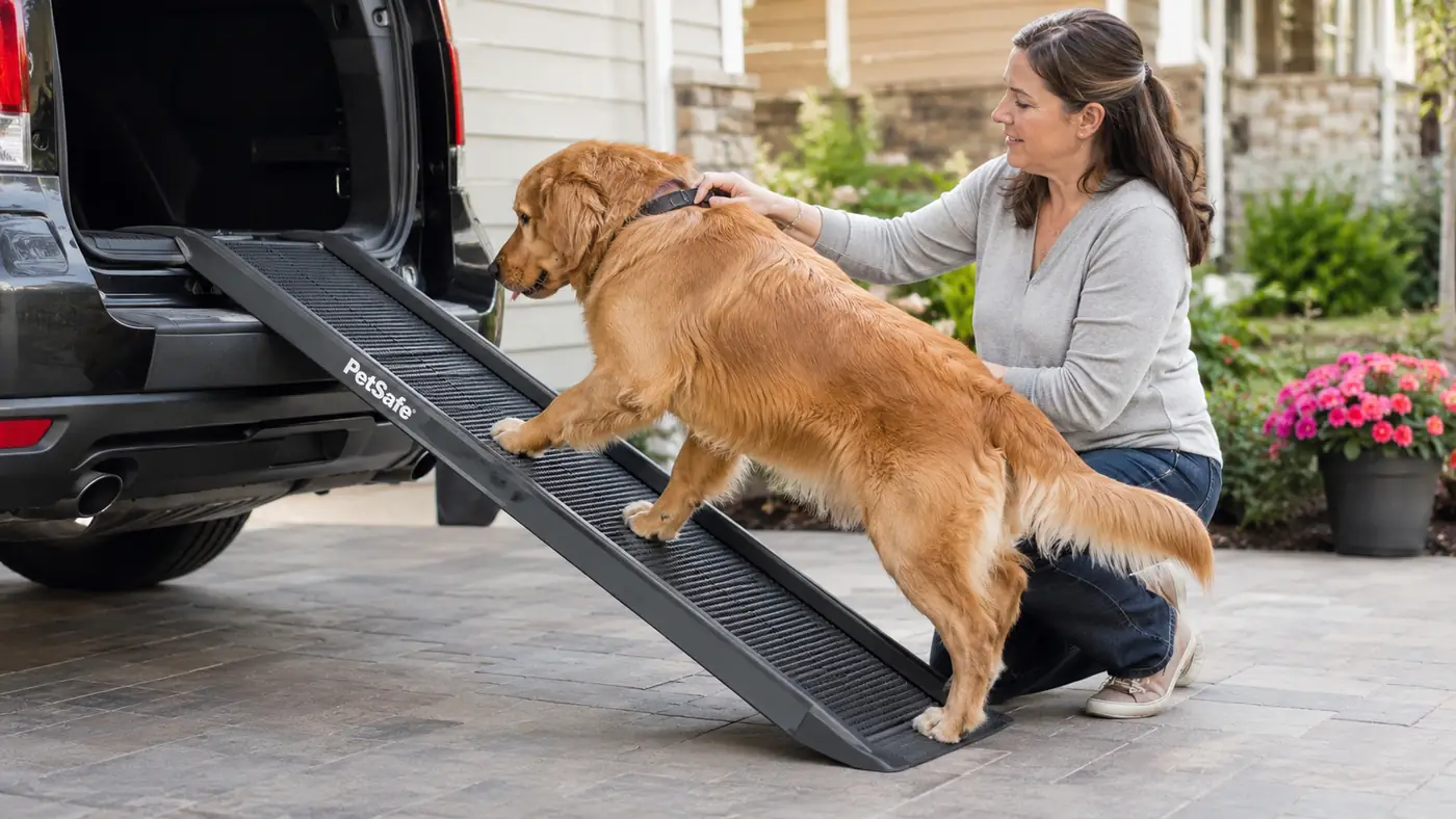 Close up of a hand gently holding a senior dog's collar while she takes her first steps up onto a textured car ramp