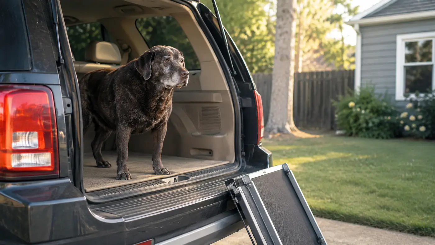 Senior dog standing relaxed inside an SUV cargo area with tail loose, ramp folded nearby against the bumper