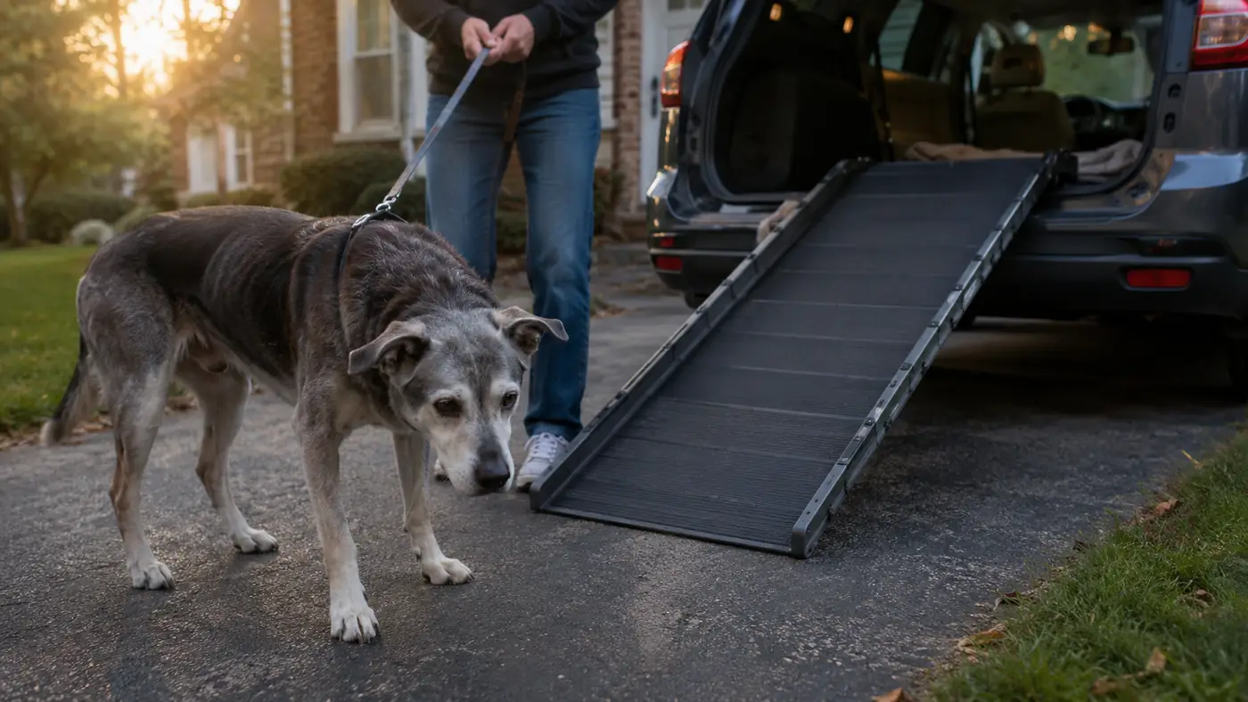 Senior dog standing at the base of an unfolded ramp leading up into an open SUV trunk in soft morning light