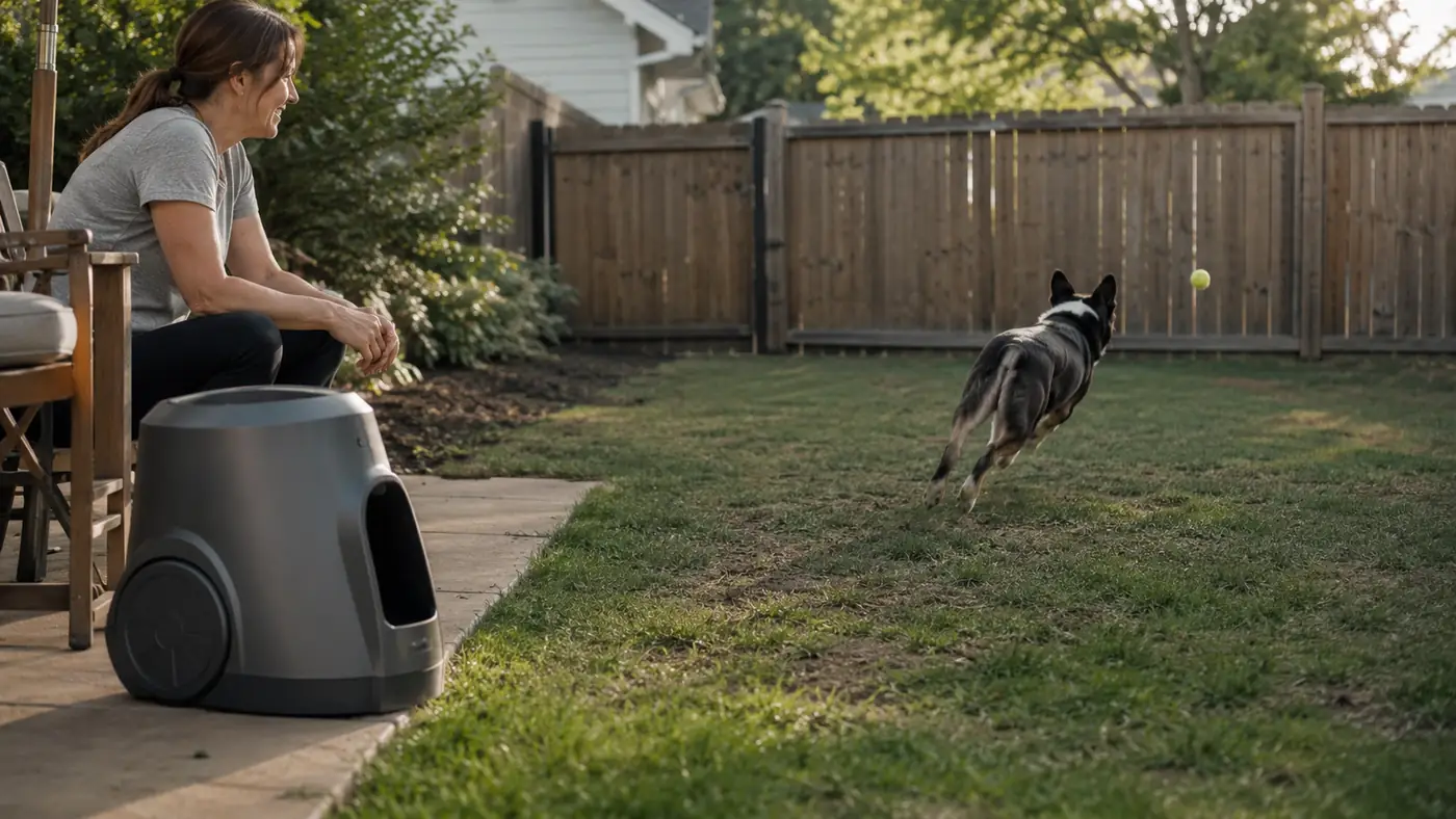 High-energy medium-sized dog sprinting across a backyard lawn chasing a mini tennis ball fired from a black and orange automatic launcher
