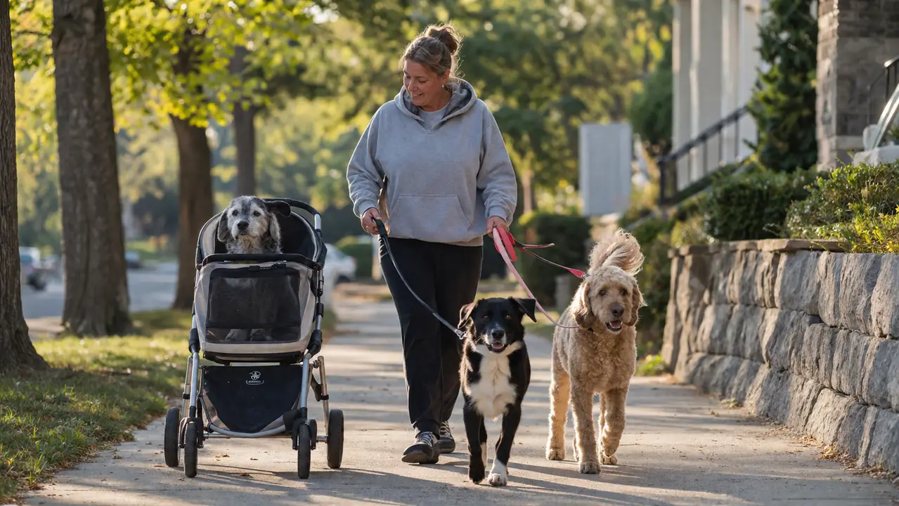 Three dogs on a morning walk together, one riding in a stroller and two walking on leashes beside the owner