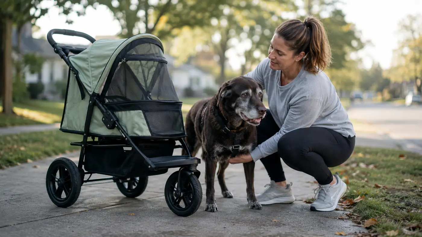 Senior yellow Lab mix pausing mid-walk on a sidewalk next to an open 3-wheel pet stroller