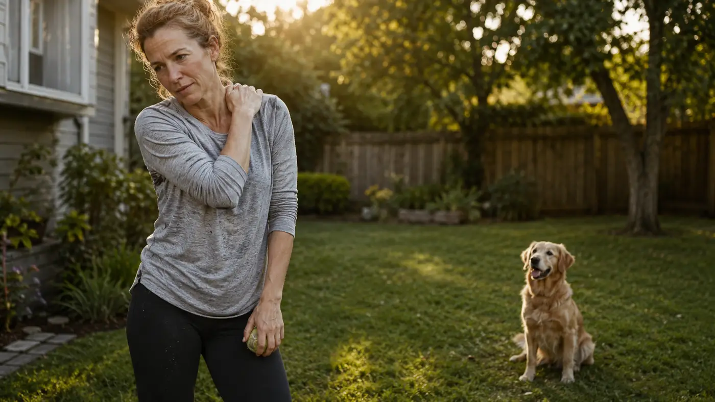 Woman rubbing her shoulder while standing in a backyard holding a single tennis ball, dog sitting expectantly nearby
