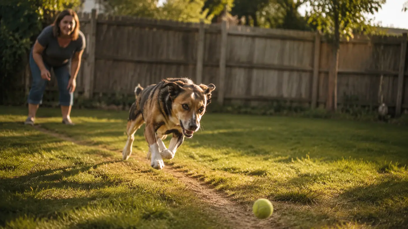 High-energy mixed breed dog captured mid-sprint chasing a small tennis ball across a backyard lawn at golden hour