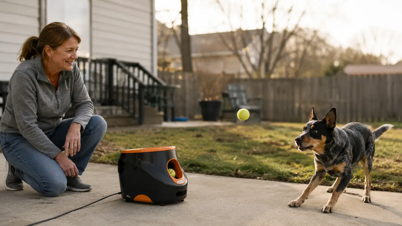 Automatic ball launcher sitting on a patio with a mini tennis ball mid-air and a dog watching intently, waiting to chase it