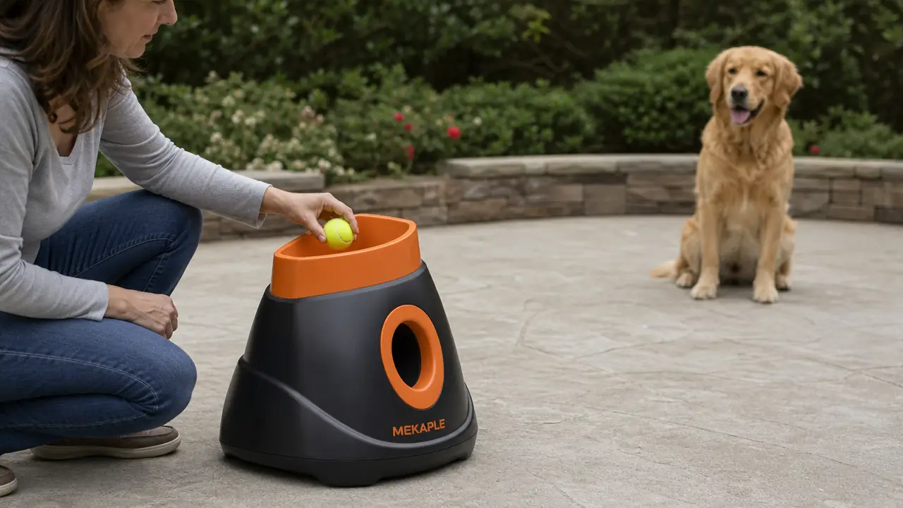 Hand loading a mini tennis ball into the top chute of an automatic ball launcher on a patio with a dog waiting eagerly nearby