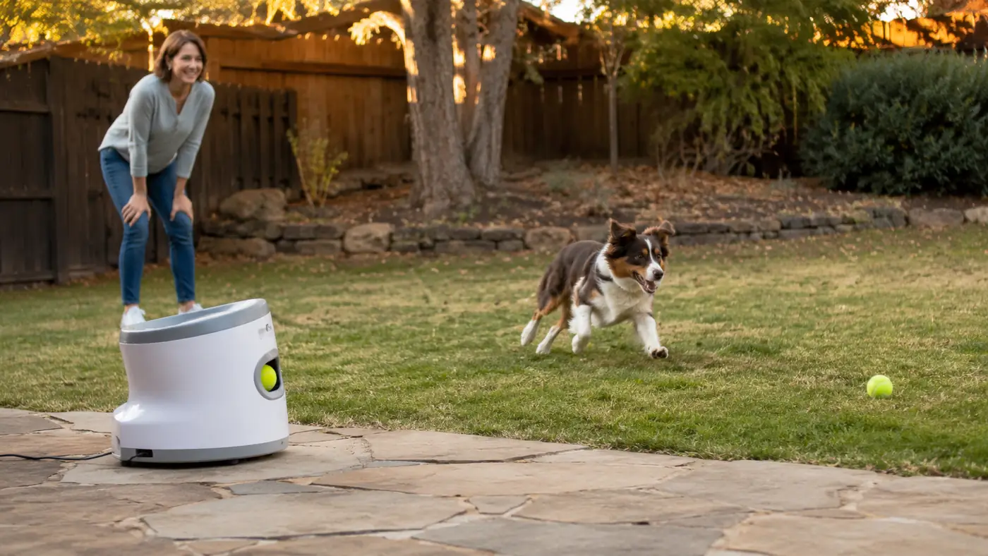 Black and orange automatic dog ball launcher sitting on a patio in a backyard with a dog mid-run chasing a launched tennis ball