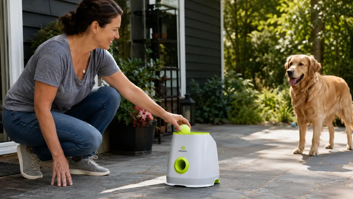 Hand loading a mini tennis ball into the top chute of the MEKAPLE automatic ball launcher on a patio